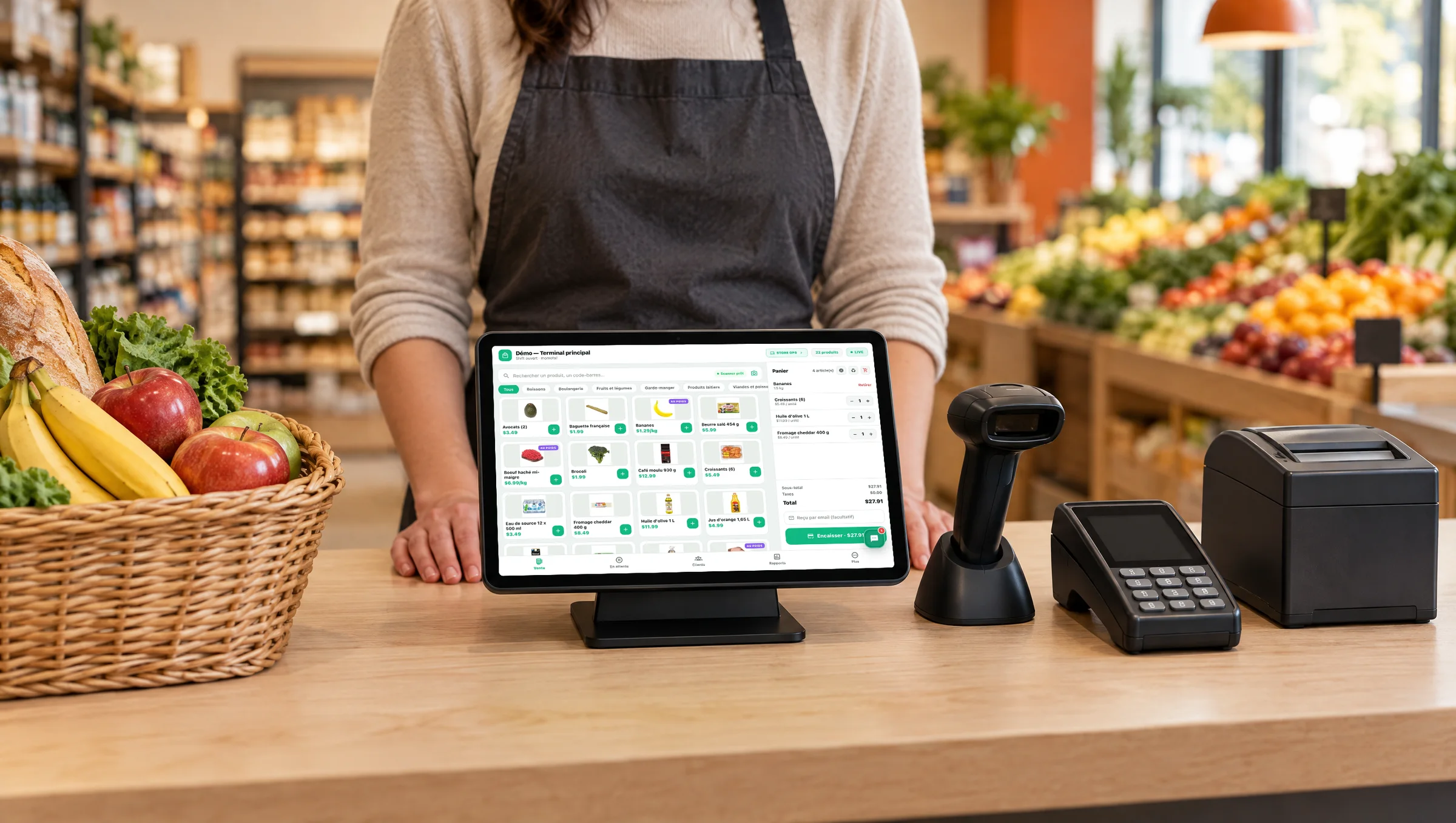 Caisse MarketNow sur tablette au comptoir d'une épicerie : grille de produits avec photos, panier de quatre articles et bouton Encaisser, scanner, lecteur de carte et imprimante à côté
