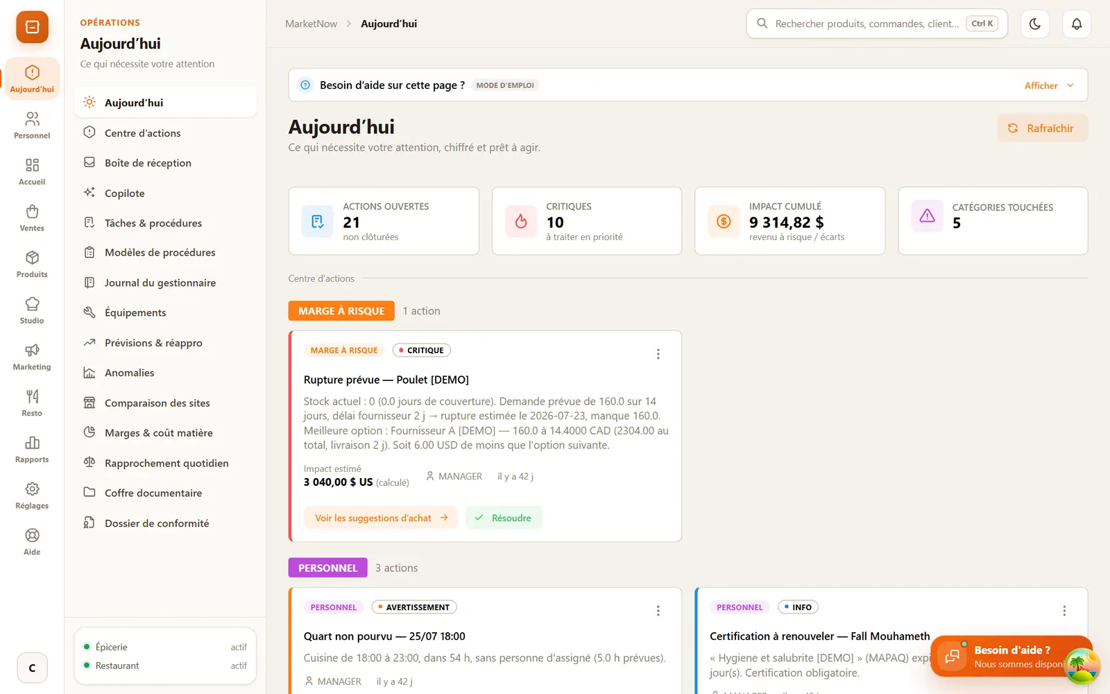 Page Aujourd'hui de MarketNow : alertes opérationnelles avec impact estimé et actions