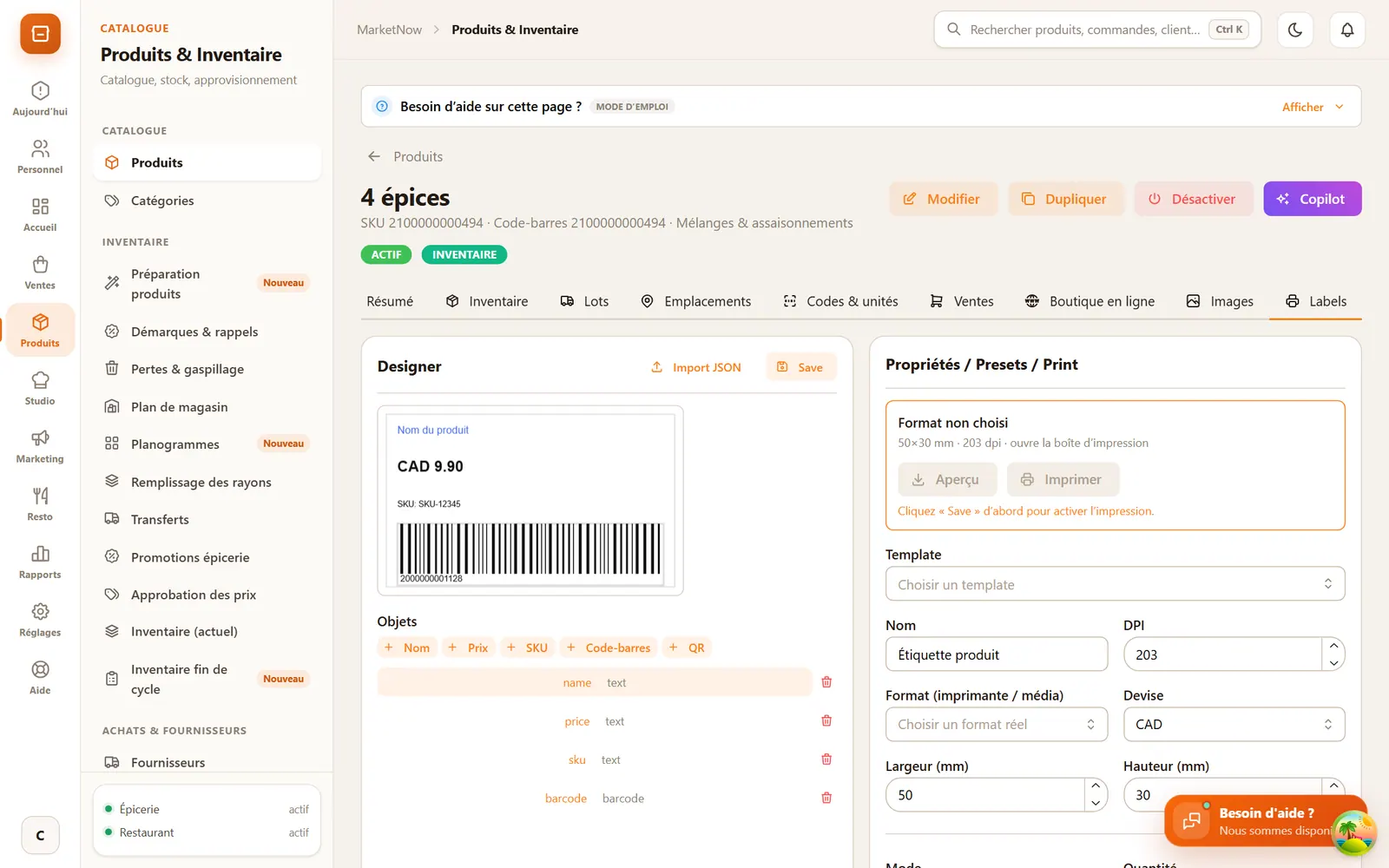 Générateur d'étiquettes MarketNow : aperçu d'étiquettes avec prix et codes-barres