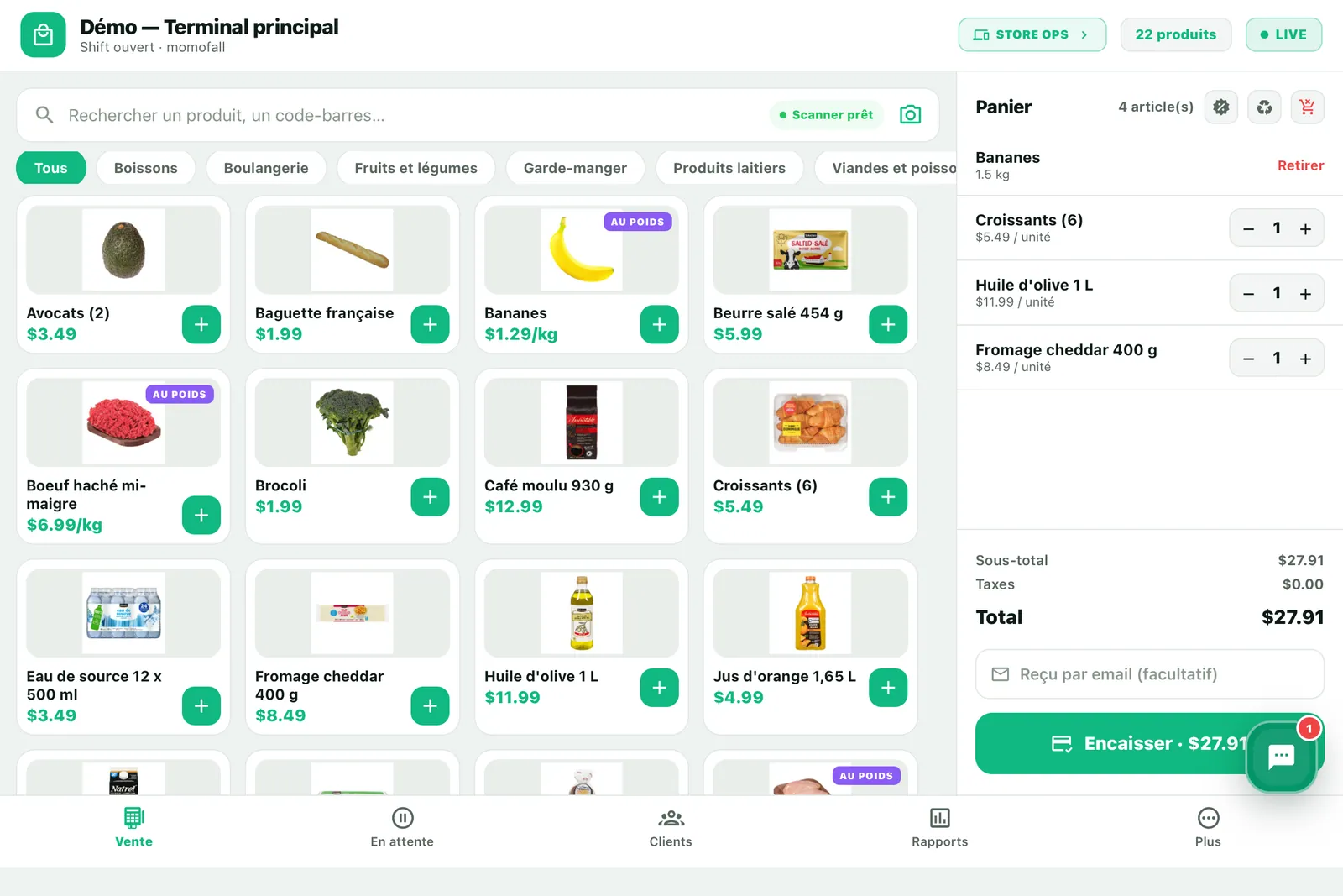 Caisse MarketNow sur iPad : grille de produits d'épicerie avec photos, bananes pesées à 1,5 kg, panier de quatre articles et bouton Encaisser